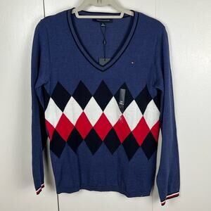 Tommy Hilfiger Women's "Ivy" Sweater Large Blue Red White Black Cotton Blend